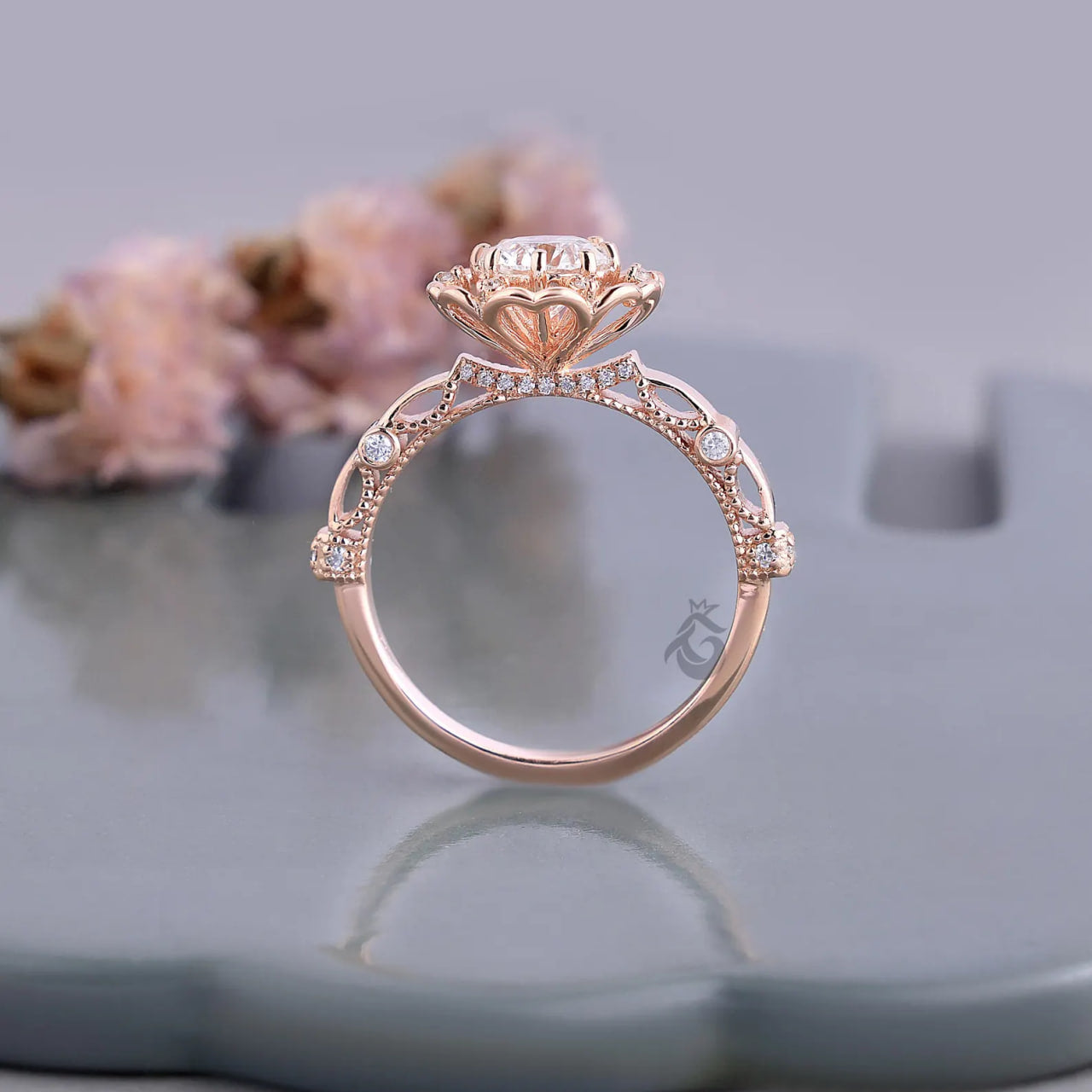 Floral Lab Diamond Engagement Ring, Rose Gold Petal Art Deco Ring