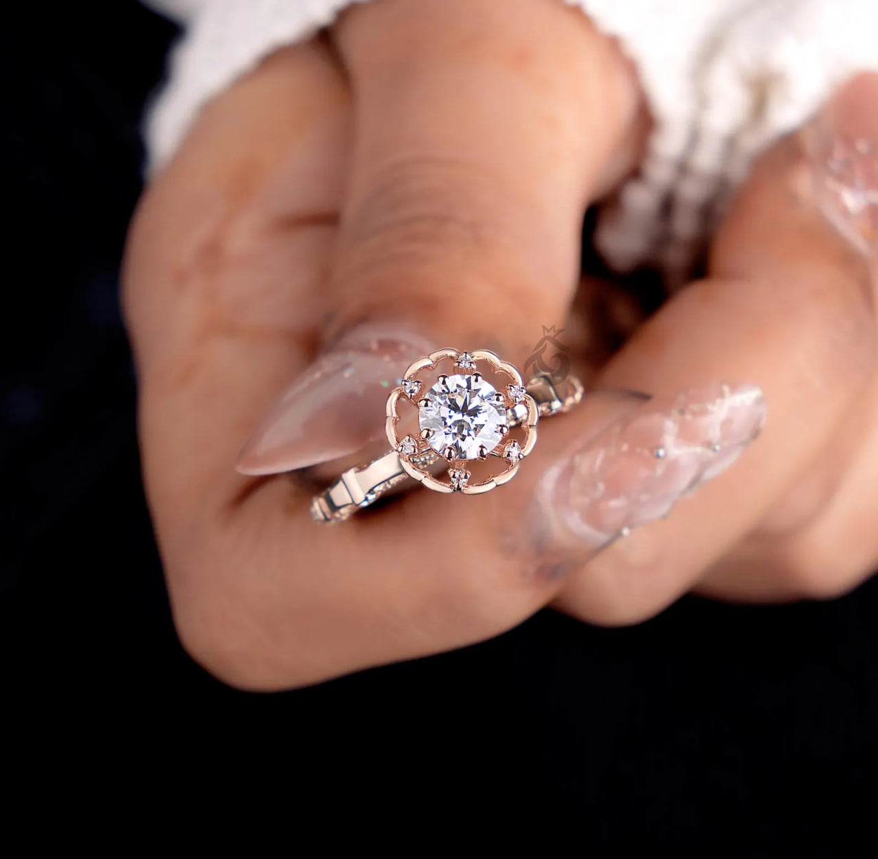 Floral Lab Diamond Engagement Ring, Rose Gold Petal Art Deco Ring