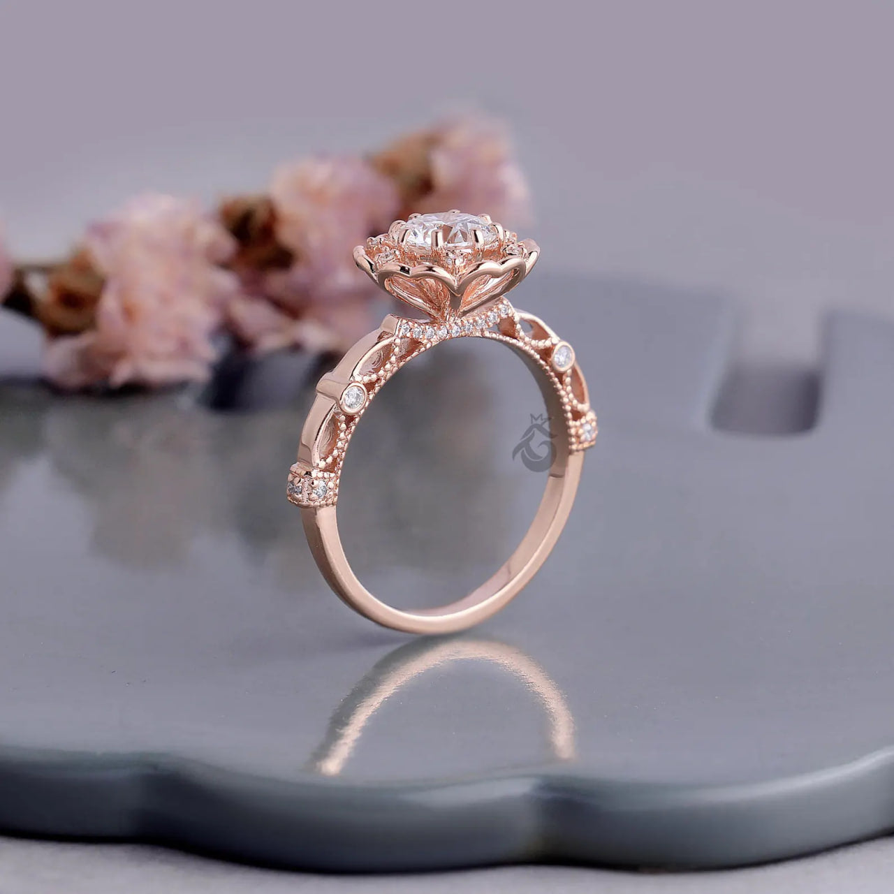 Floral Lab Diamond Engagement Ring, Rose Gold Petal Art Deco Ring