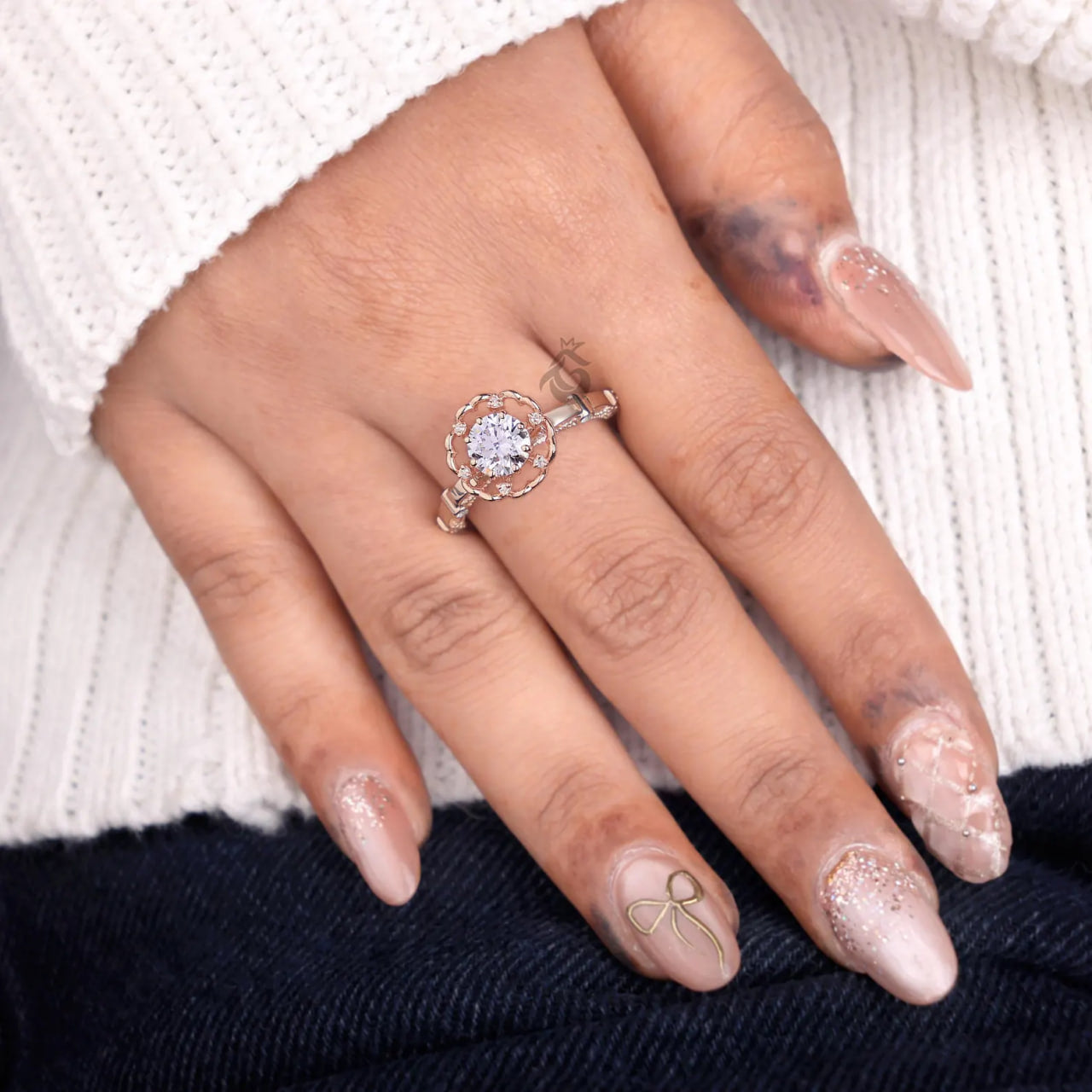 Floral Lab Diamond Engagement Ring, Rose Gold Petal Art Deco Ring