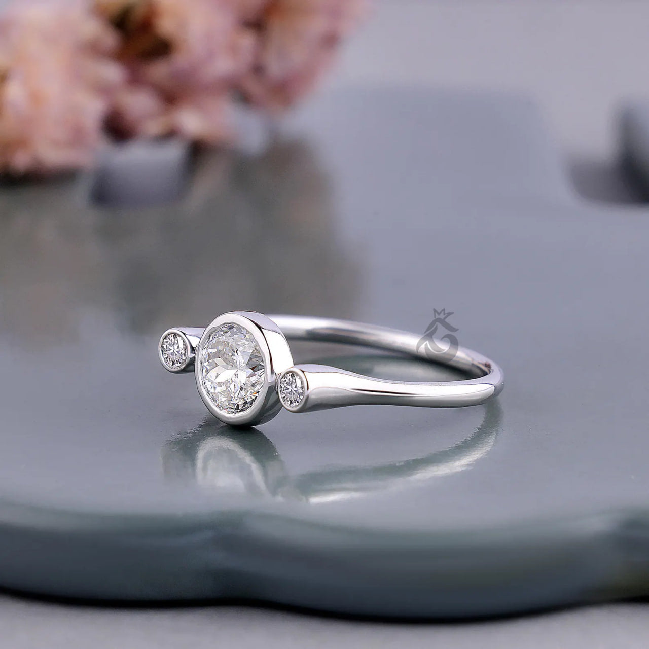 Portuguese Cut Bezel Set Lab Diamond Ring, Three Stone Anniversary Ring