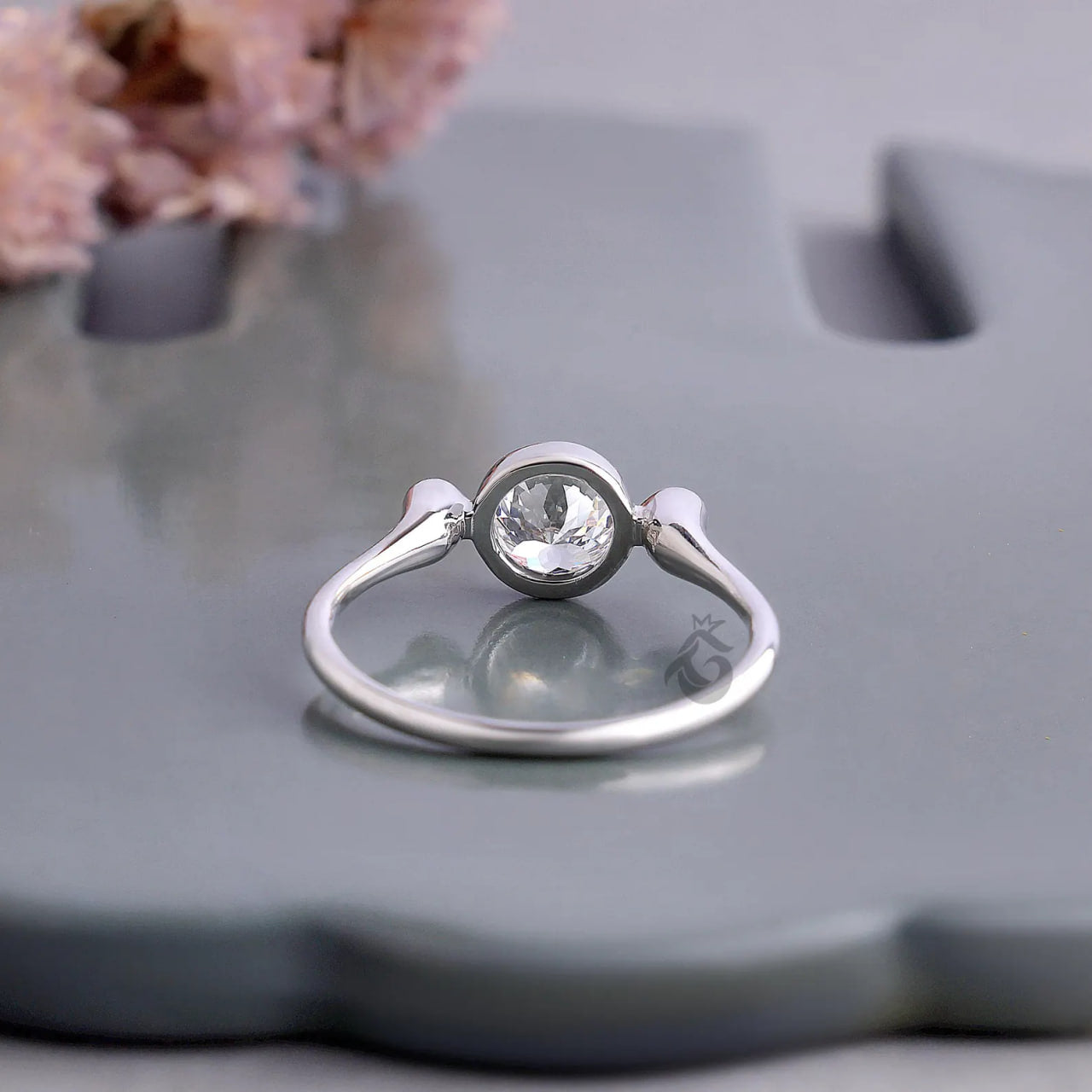 Portuguese Cut Bezel Set Lab Diamond Ring, Three Stone Anniversary Ring