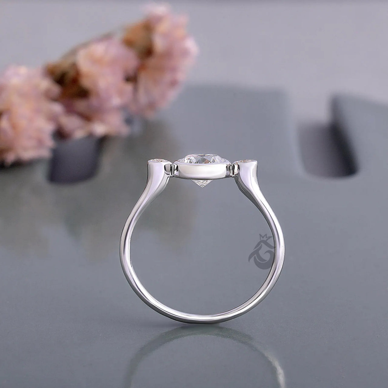 Portuguese Cut Bezel Set Lab Diamond Ring, Three Stone Anniversary Ring