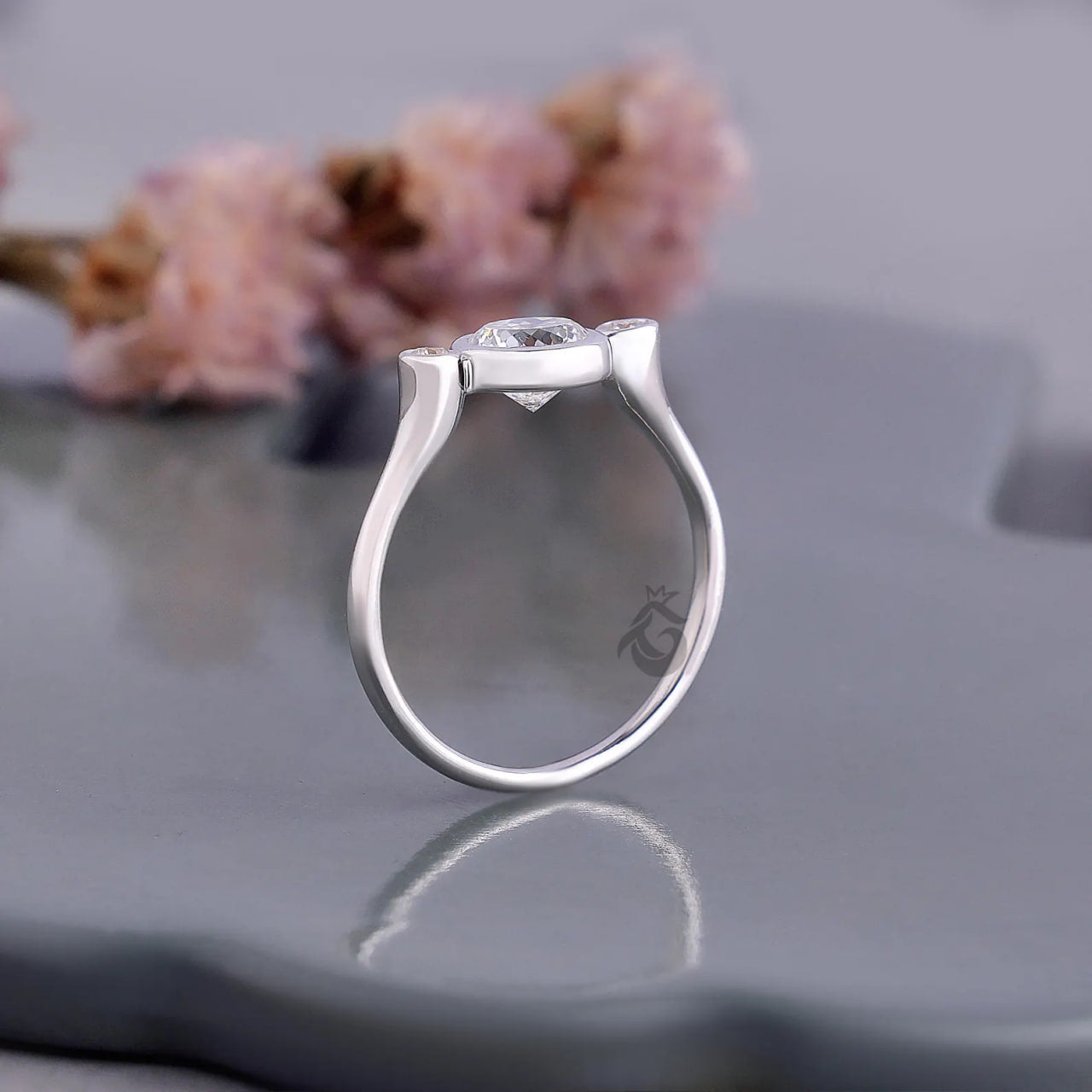 Portuguese Cut Bezel Set Lab Diamond Ring, Three Stone Anniversary Ring