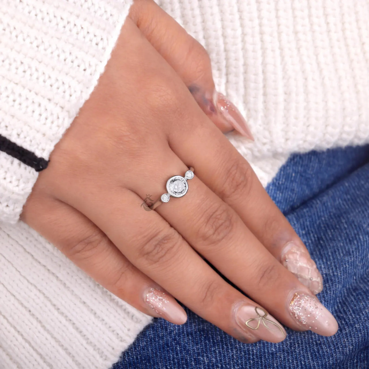Portuguese Cut Bezel Set Lab Diamond Ring, Three Stone Anniversary Ring
