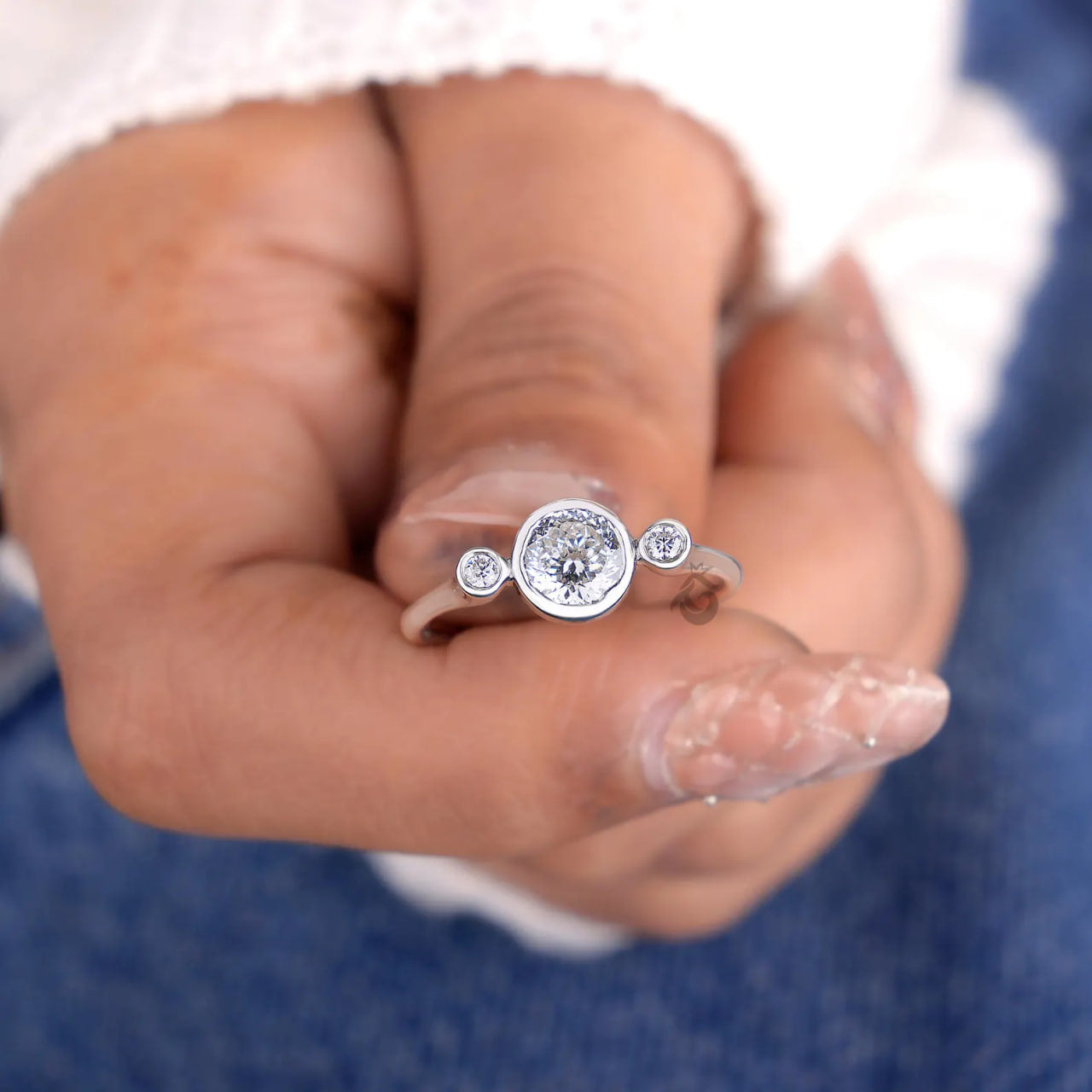 Portuguese Cut Bezel Set Lab Diamond Ring, Three Stone Anniversary Ring