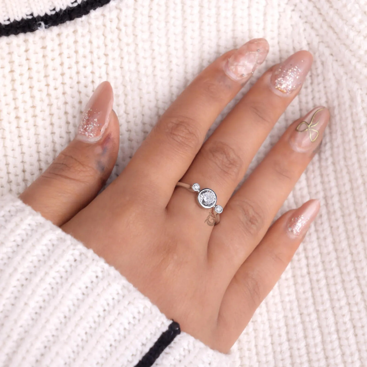 Portuguese Cut Bezel Set Lab Diamond Ring, Three Stone Anniversary Ring