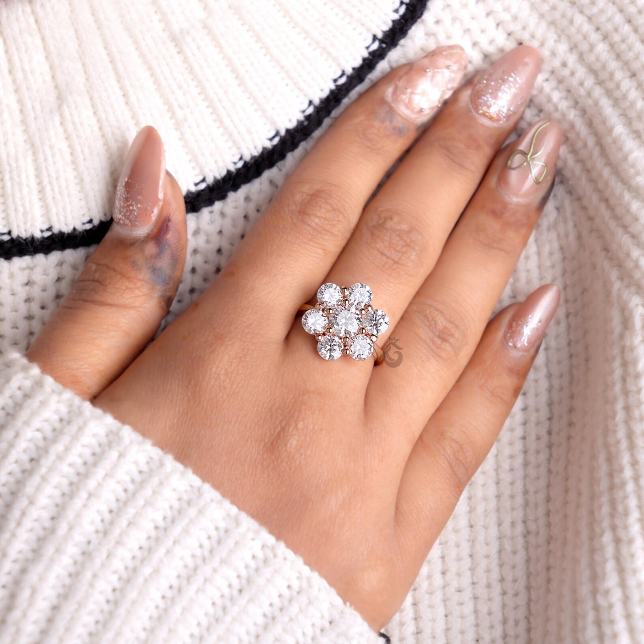 Antique Flower Style Cluster Ring, 7 Stone Lab Diamond Vintage Engagement Ring for Women