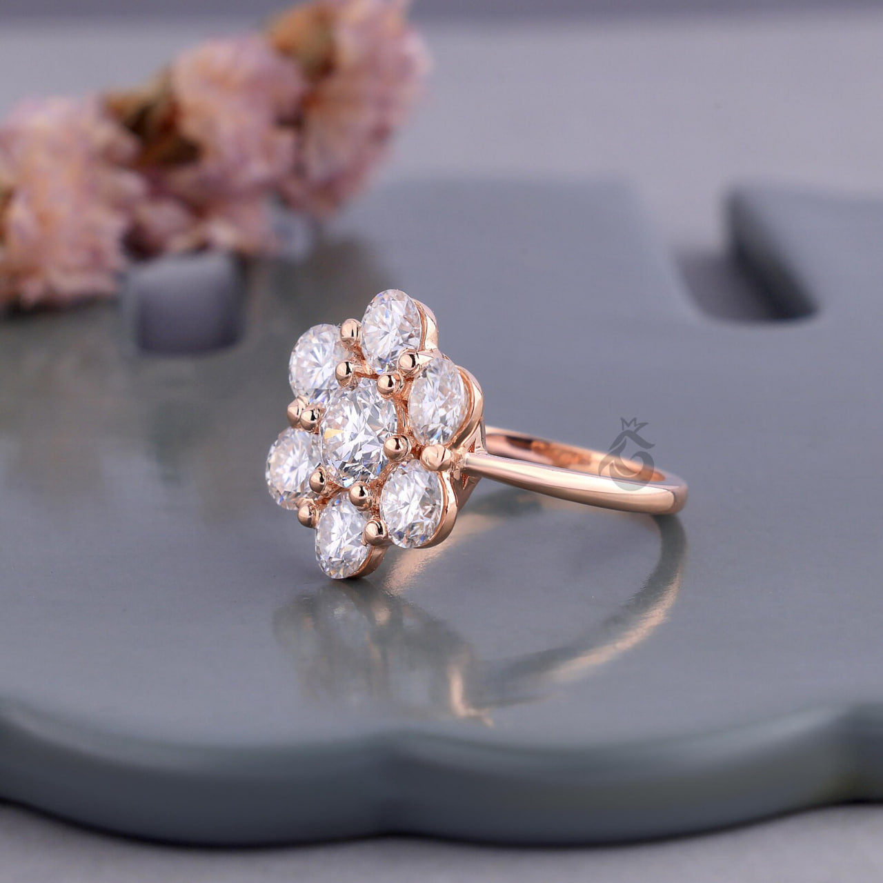 Antique Flower Style Cluster Ring, 7 Stone Lab Diamond Vintage Engagement Ring for Women