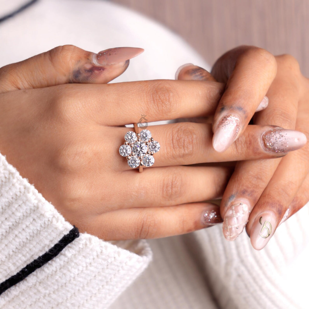 Antique Flower Style Cluster Ring, 7 Stone Lab Diamond Vintage Engagement Ring for Women