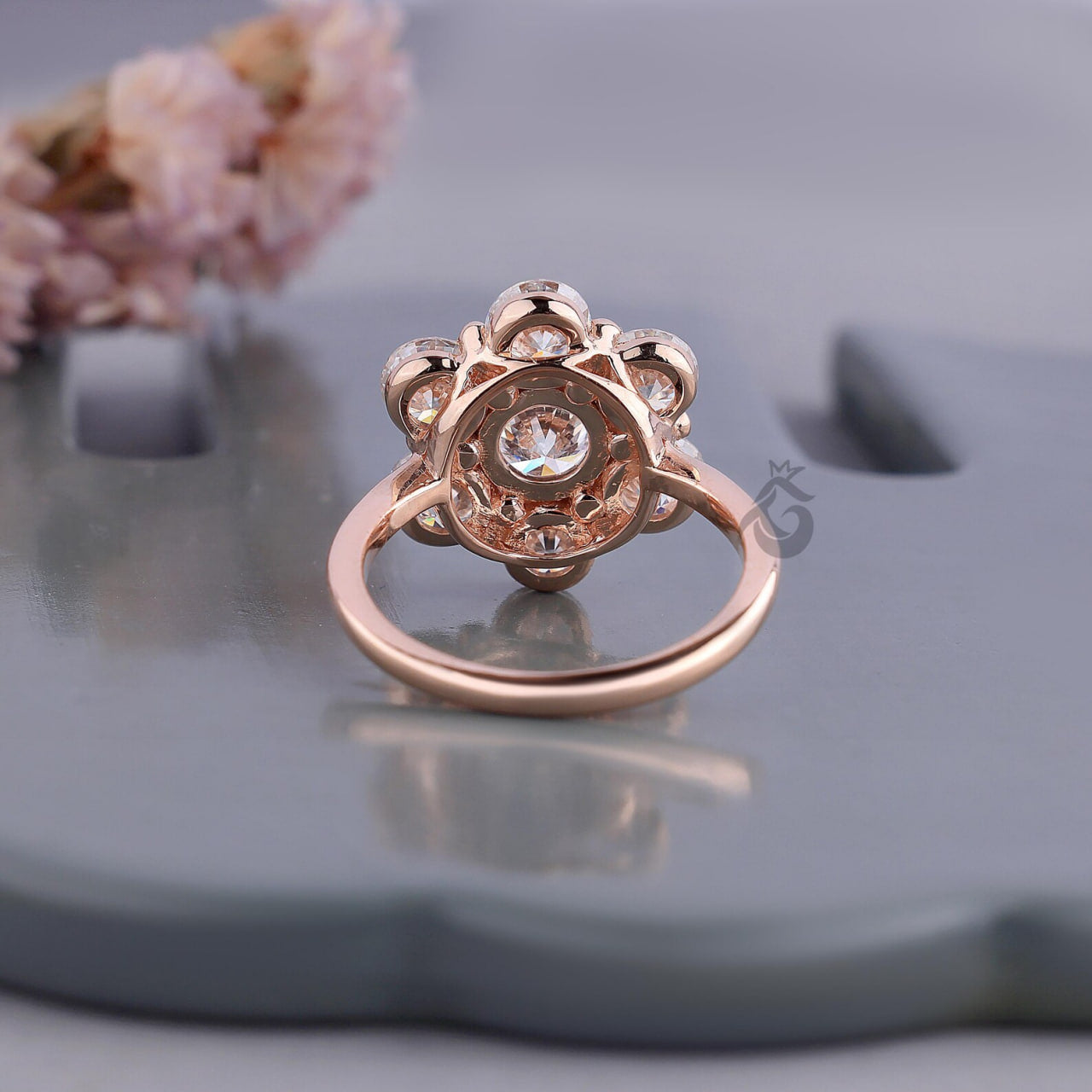 Antique Flower Style Cluster Ring, 7 Stone Lab Diamond Vintage Engagement Ring for Women