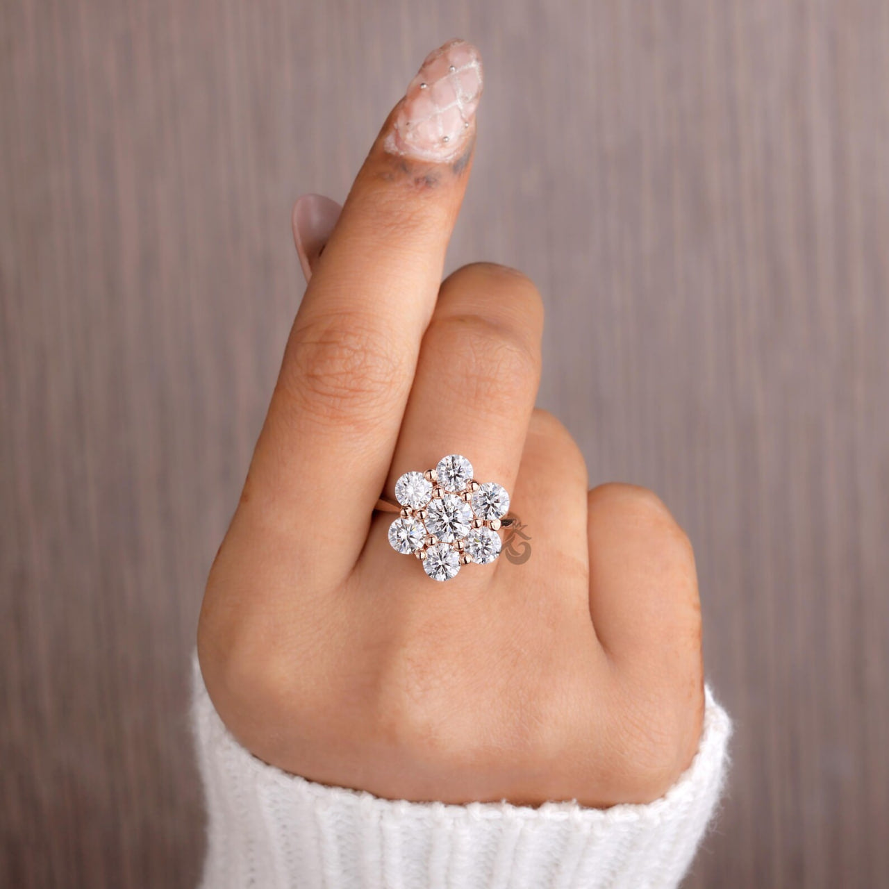 Antique Flower Style Cluster Ring, 7 Stone Lab Diamond Vintage Engagement Ring for Women