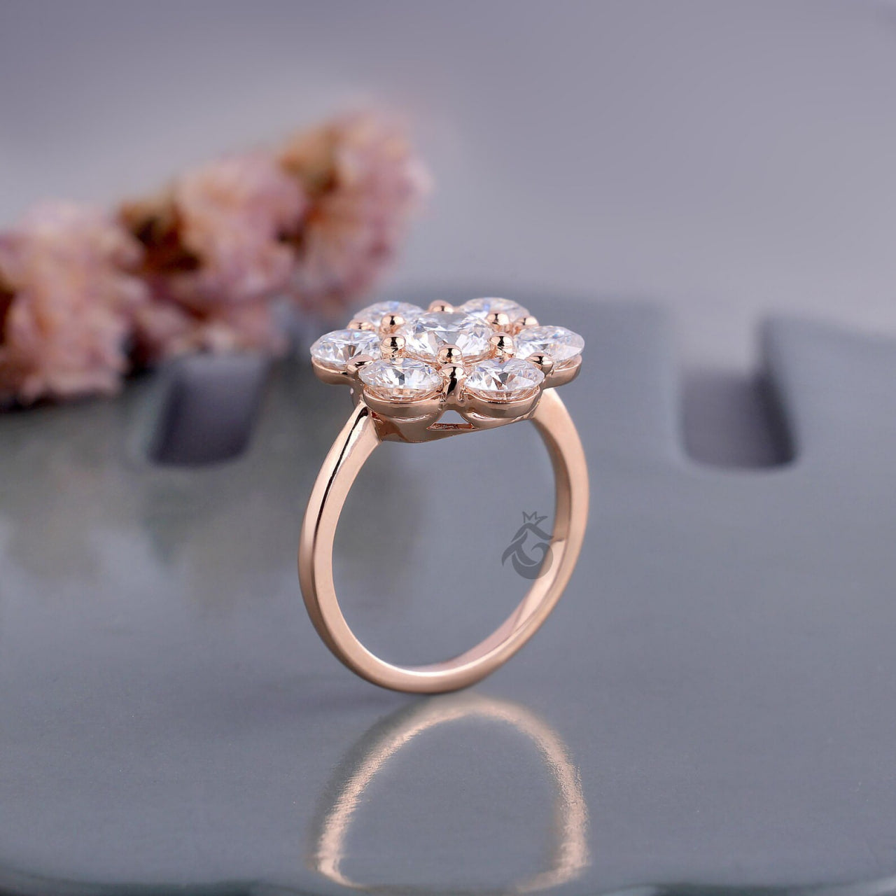 Antique Flower Style Cluster Ring, 7 Stone Lab Diamond Vintage Engagement Ring for Women