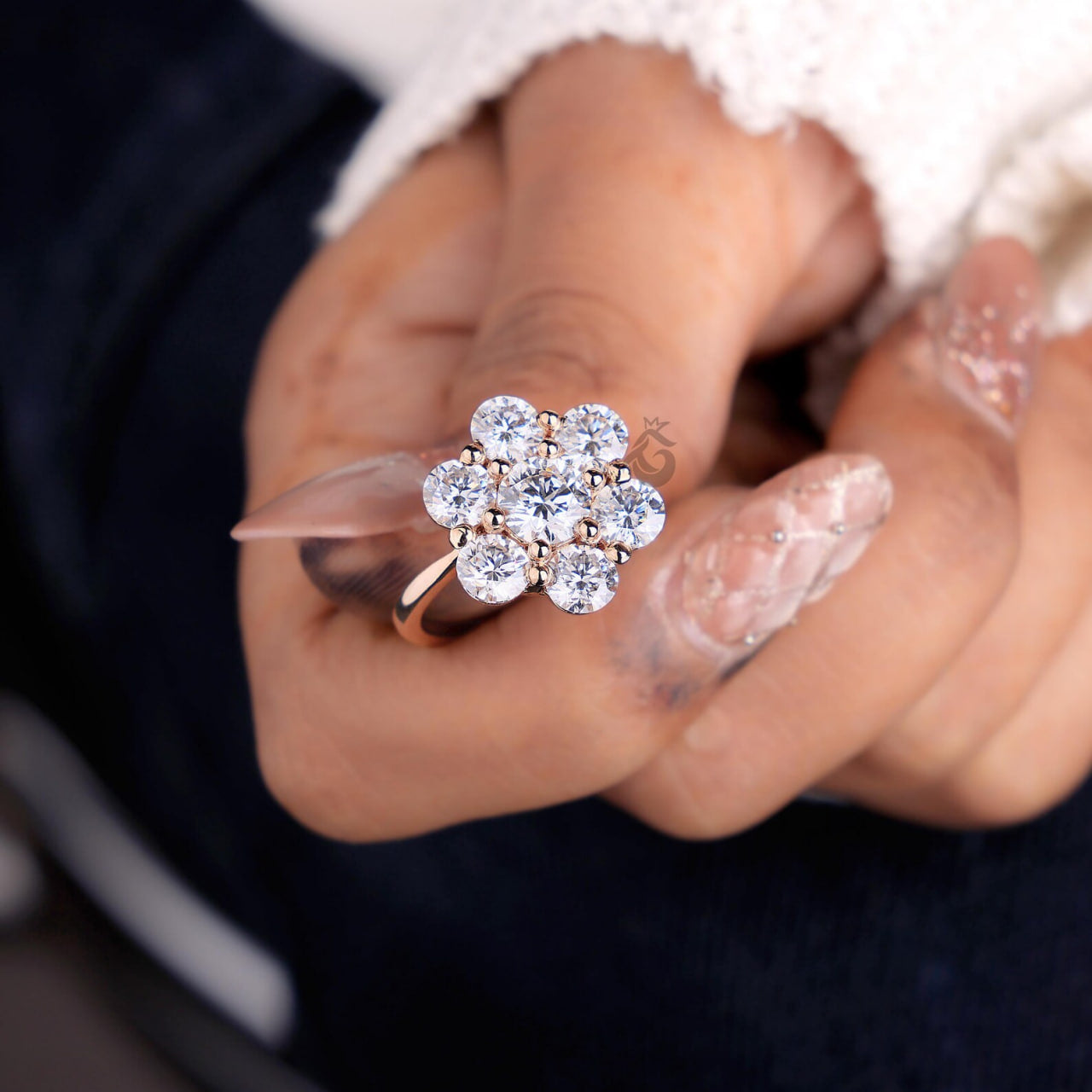 Antique Flower Style Cluster Ring, 7 Stone Lab Diamond Vintage Engagement Ring for Women