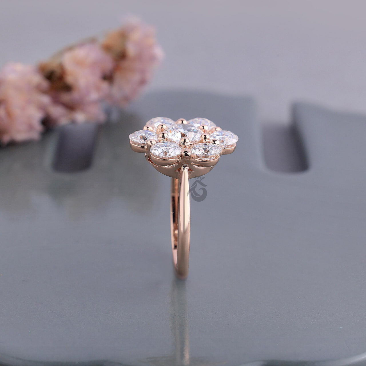 Antique Flower Style Cluster Ring, 7 Stone Lab Diamond Vintage Engagement Ring for Women