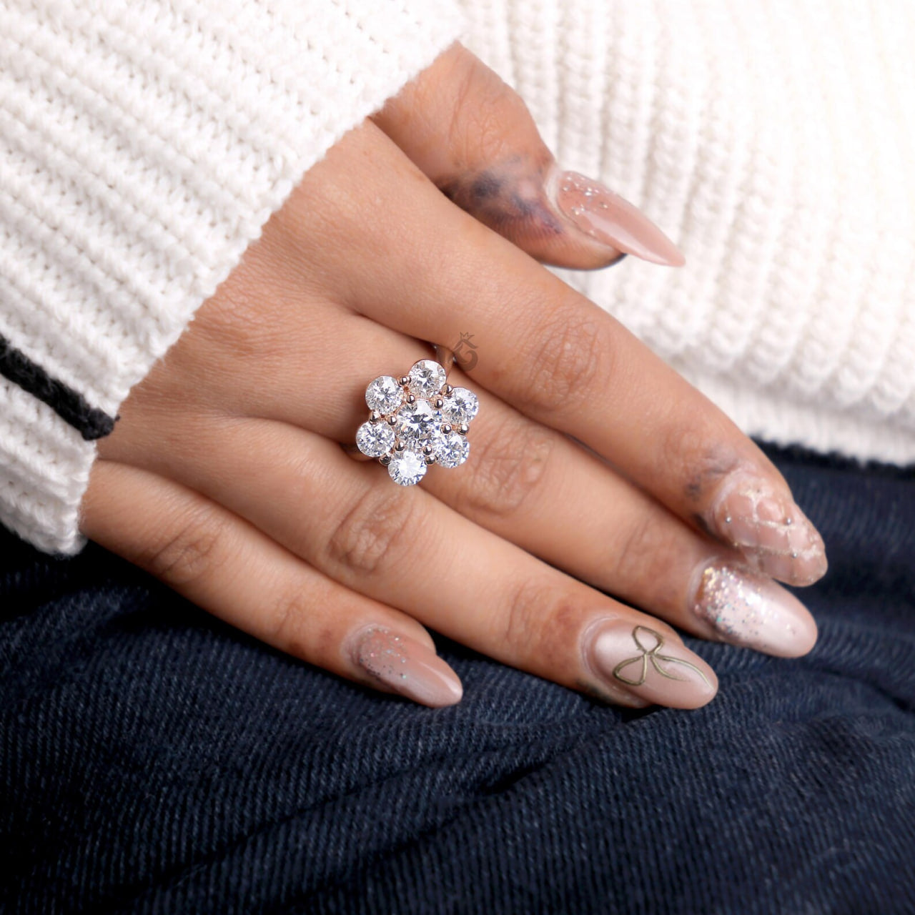 Antique Flower Style Cluster Ring, 7 Stone Lab Diamond Vintage Engagement Ring for Women