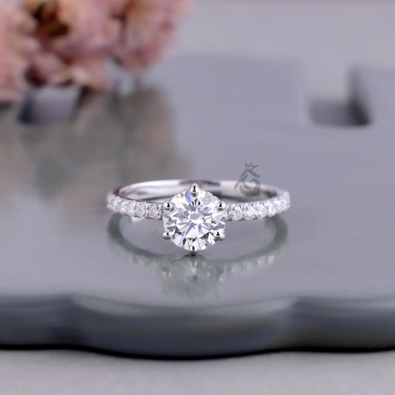 1.00 CT Round Lab Diamond Ring, Hidden Halo Six Prong Engagement Ring, Pave Wedding Band