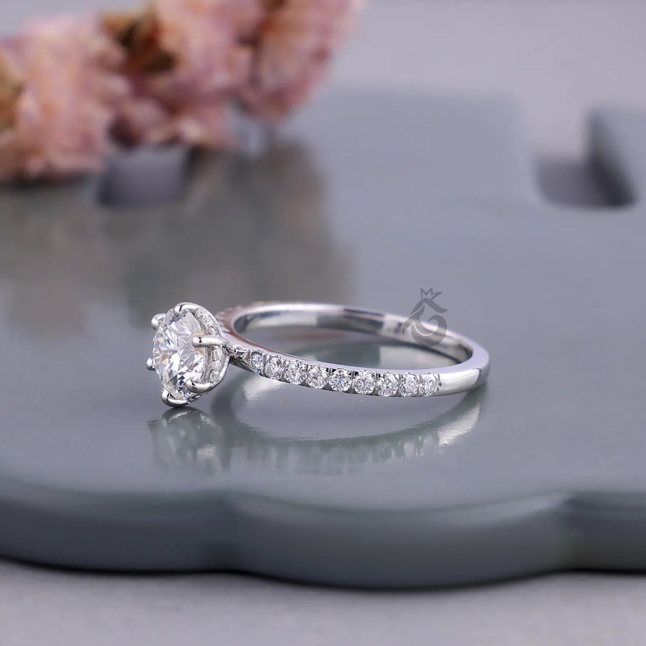 1.00 CT Round Lab Diamond Ring, Hidden Halo Six Prong Engagement Ring, Pave Wedding Band