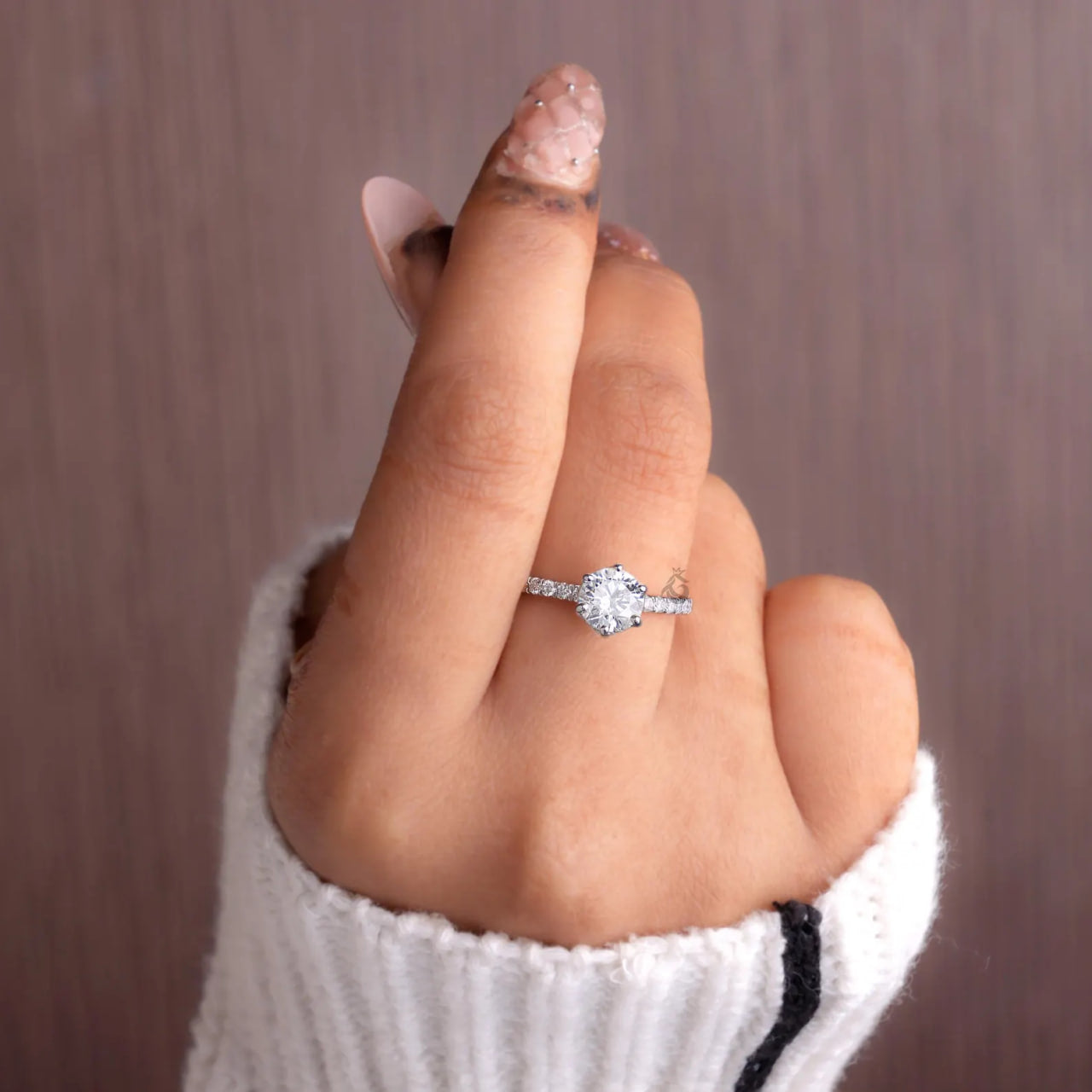 1.00 CT Round Lab Diamond Ring, Hidden Halo Six Prong Engagement Ring, Pave Wedding Band