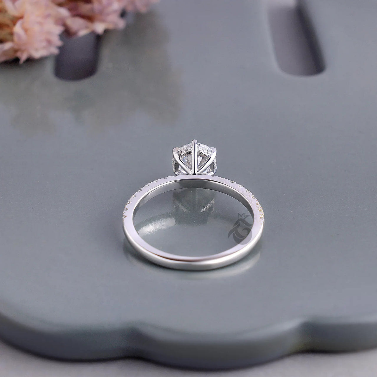 1.00 CT Round Lab Diamond Ring, Hidden Halo Six Prong Engagement Ring, Pave Wedding Band