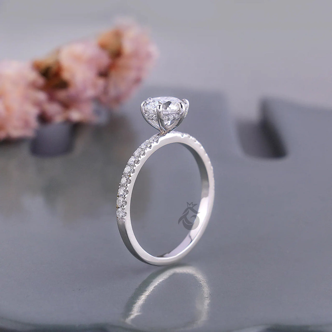 1.00 CT Round Lab Diamond Ring, Hidden Halo Six Prong Engagement Ring, Pave Wedding Band