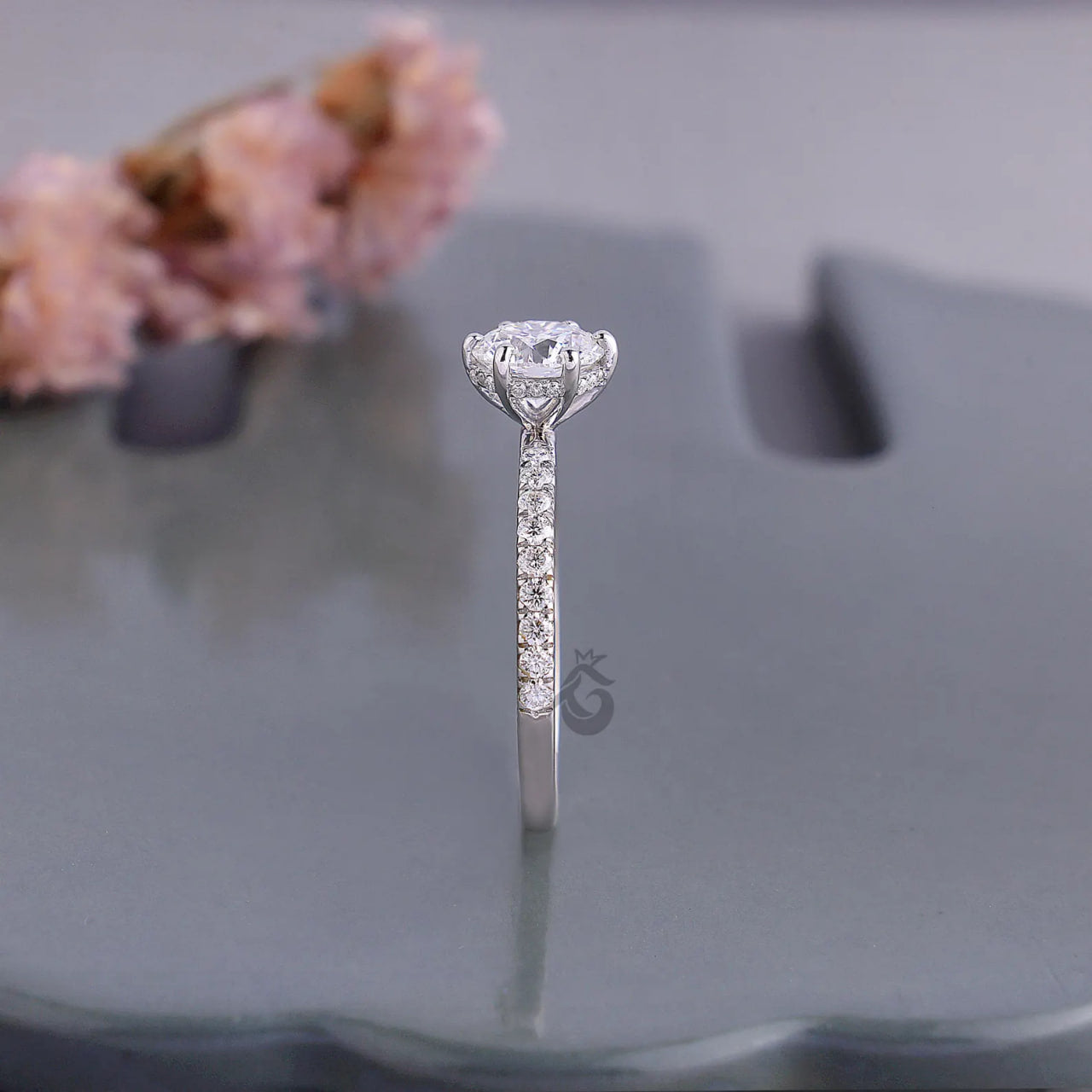 1.00 CT Round Lab Diamond Ring, Hidden Halo Six Prong Engagement Ring, Pave Wedding Band