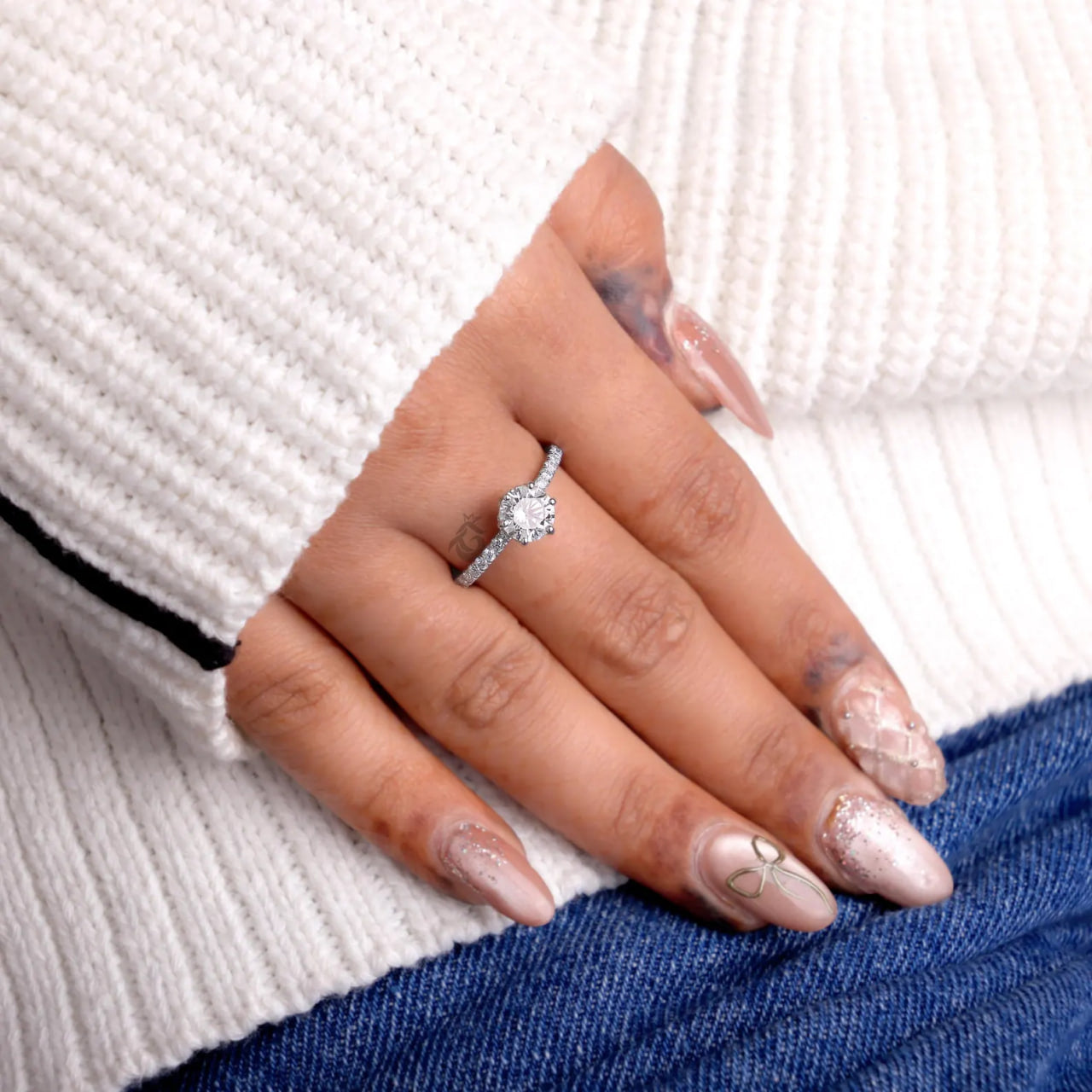 1.00 CT Round Lab Diamond Ring, Hidden Halo Six Prong Engagement Ring, Pave Wedding Band
