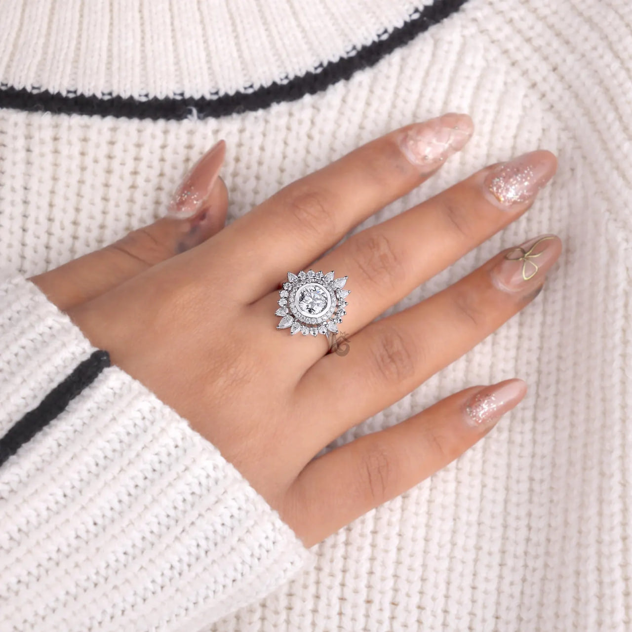 Sunburst Double Halo Lab Diamond Ring, Round Cut Vintage Flower Engagement Ring