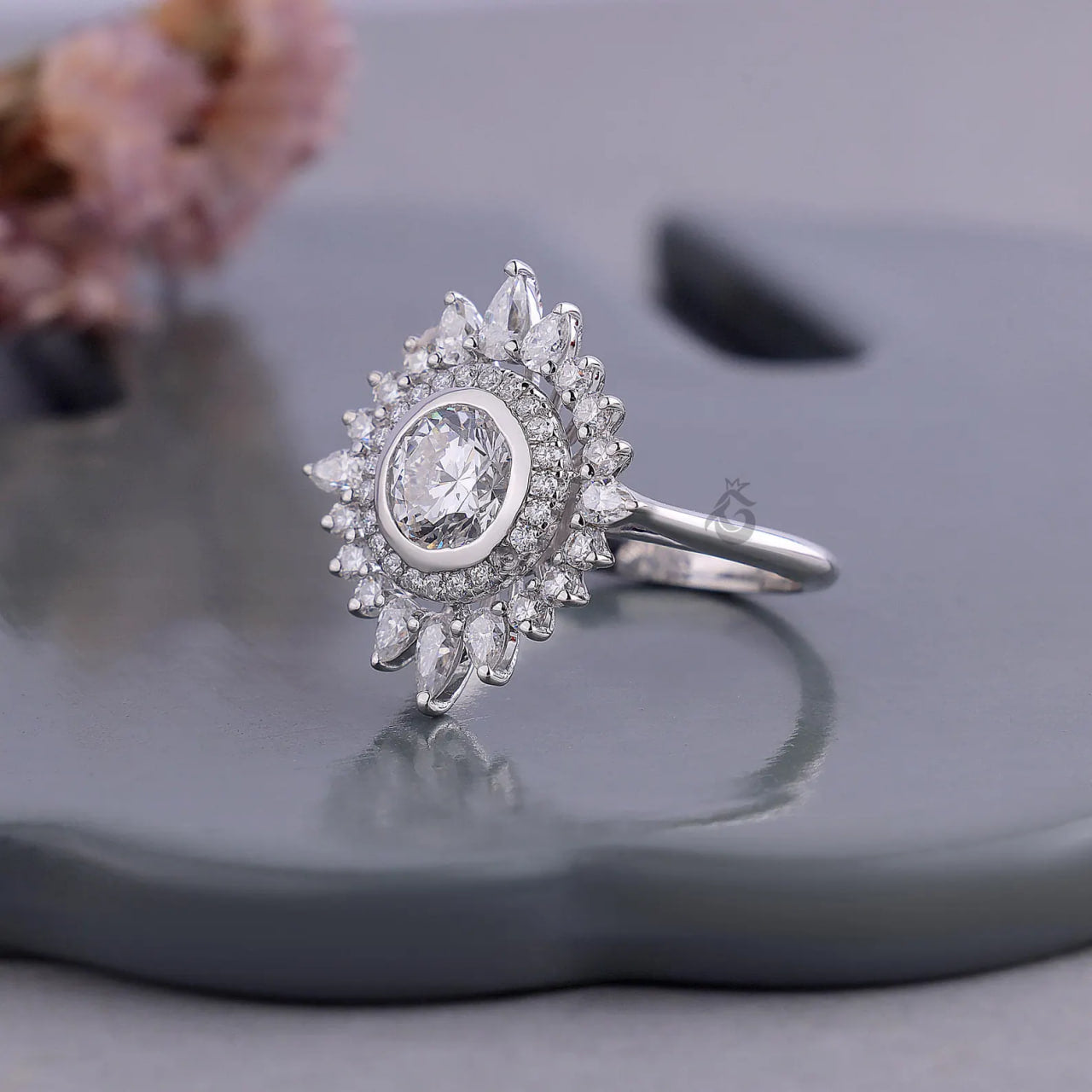 Sunburst Double Halo Lab Diamond Ring, Round Cut Vintage Flower Engagement Ring