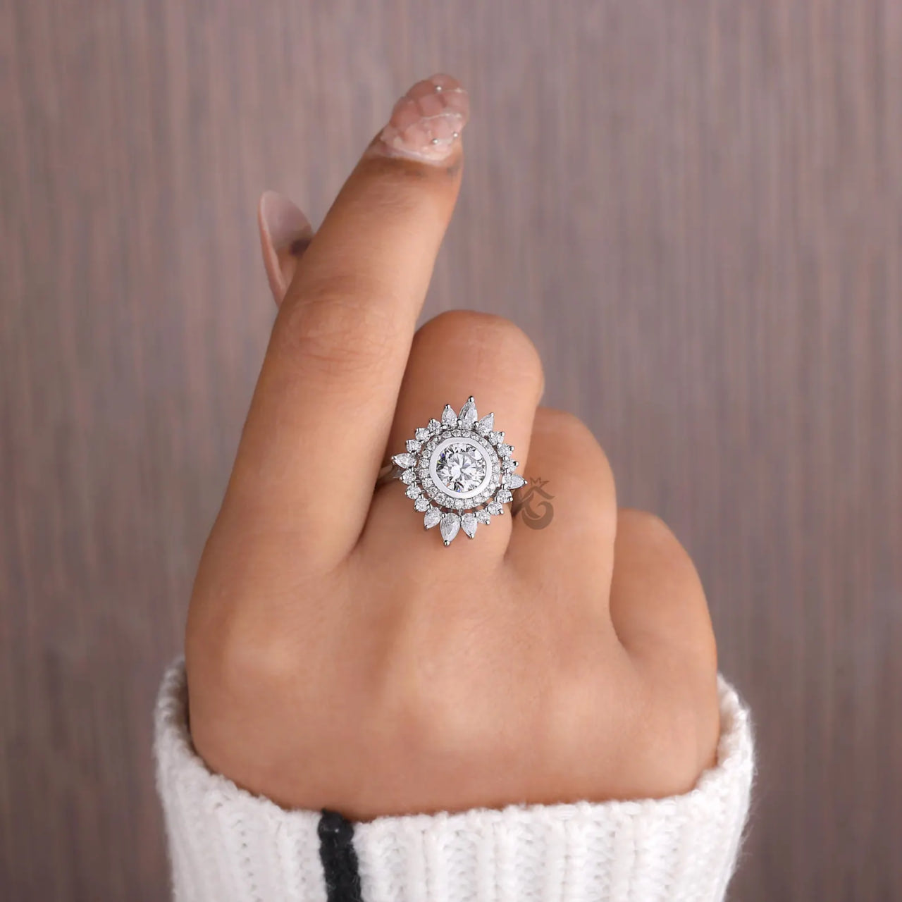 Sunburst Double Halo Lab Diamond Ring, Round Cut Vintage Flower Engagement Ring