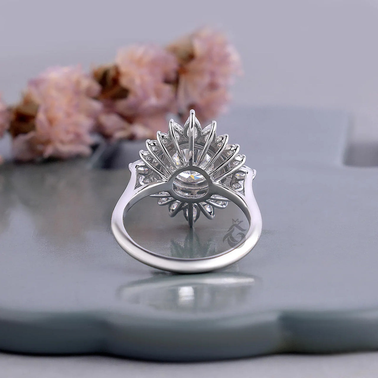Sunburst Double Halo Lab Diamond Ring, Round Cut Vintage Flower Engagement Ring