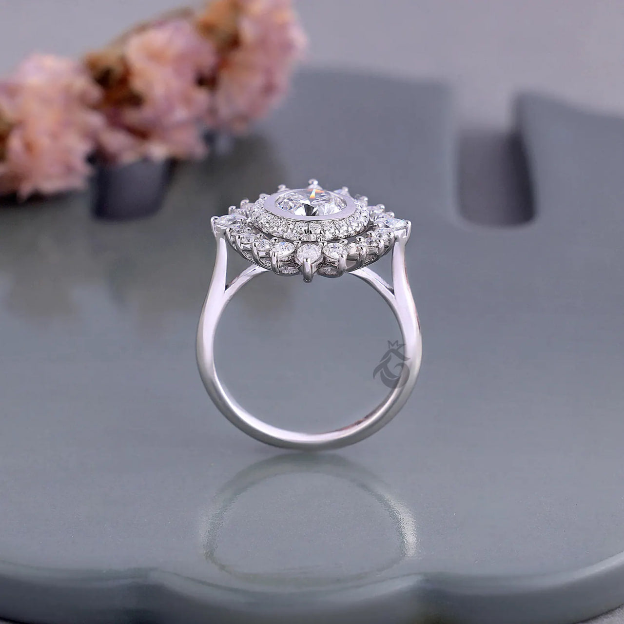 Sunburst Double Halo Lab Diamond Ring, Round Cut Vintage Flower Engagement Ring