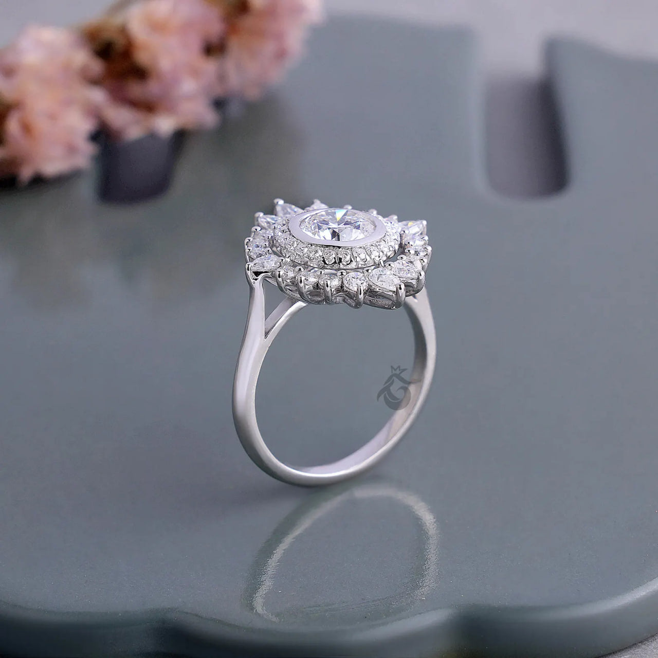Sunburst Double Halo Lab Diamond Ring, Round Cut Vintage Flower Engagement Ring