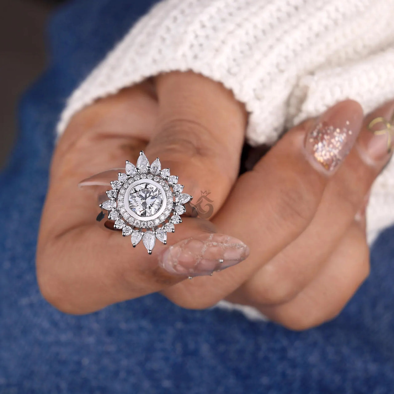 Sunburst Double Halo Lab Diamond Ring, Round Cut Vintage Flower Engagement Ring