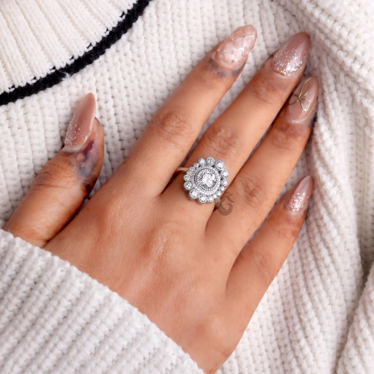 Vintage Double Halo Lab Diamond Ring, 1.80 TCW Milgrain Engagement Ring