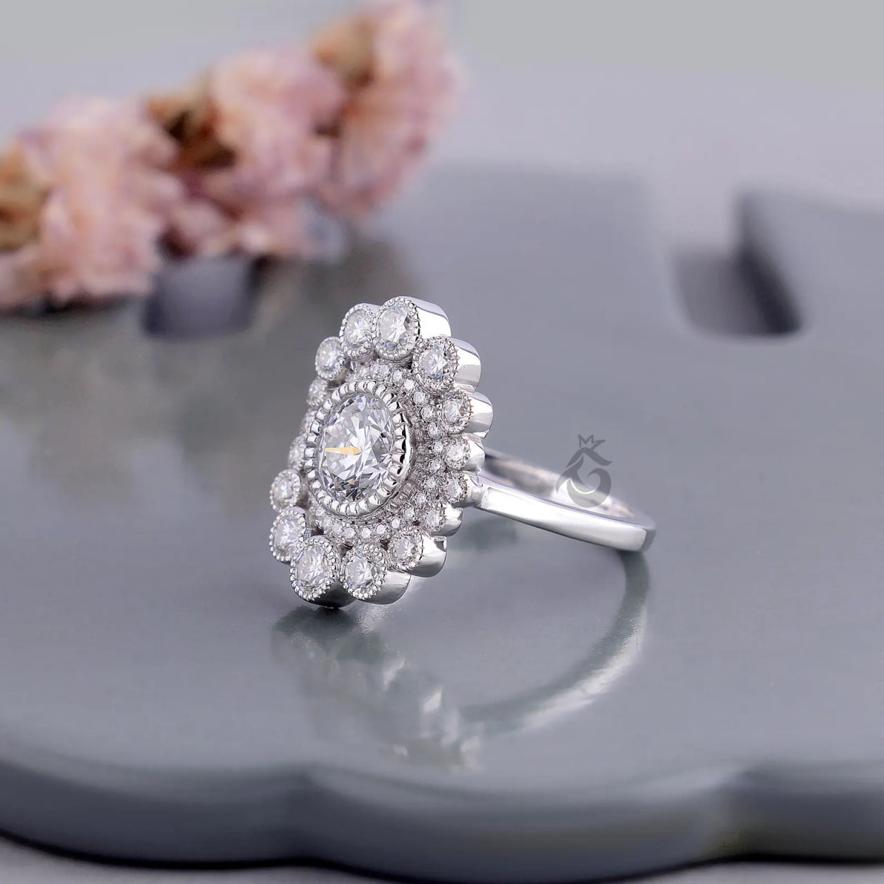Vintage Double Halo Lab Diamond Ring, 1.80 TCW Milgrain Engagement Ring