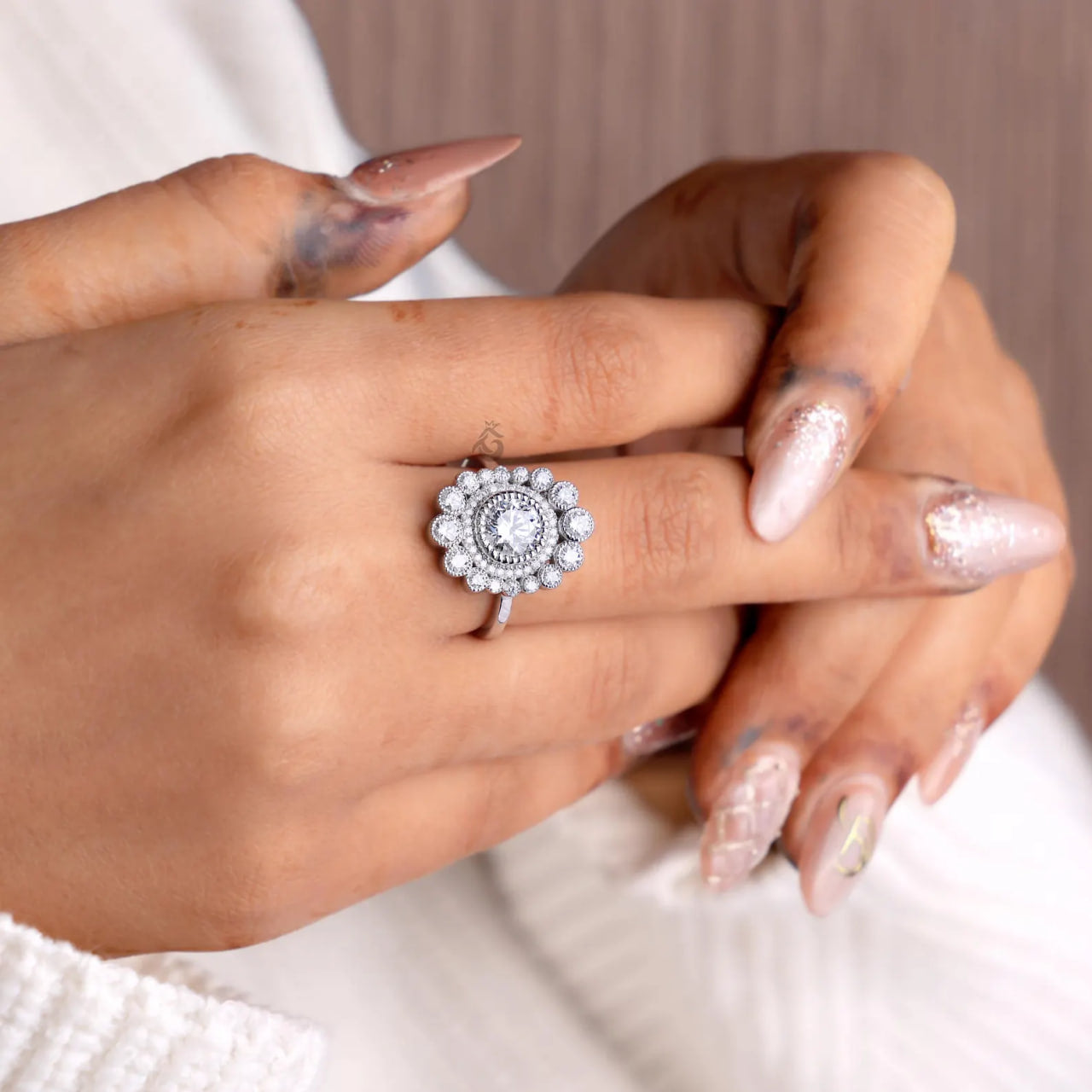 Vintage Double Halo Lab Diamond Ring, 1.80 TCW Milgrain Engagement Ring