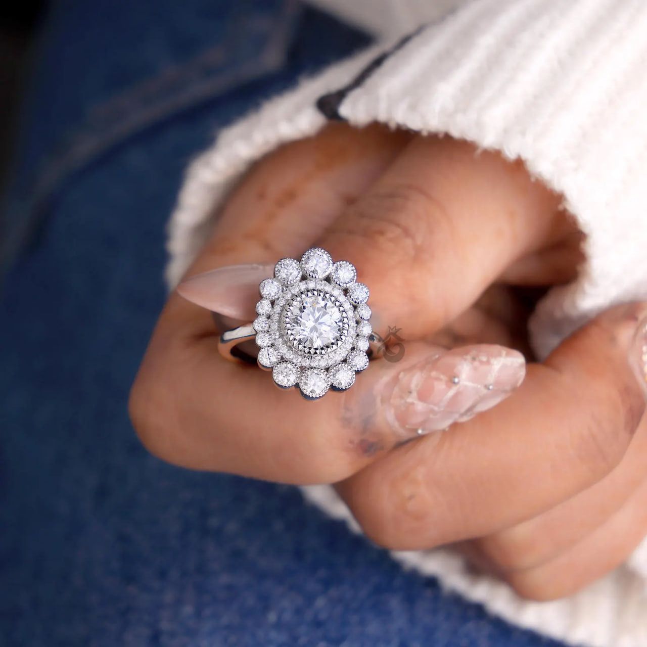 Vintage Double Halo Lab Diamond Ring, 1.80 TCW Milgrain Engagement Ring