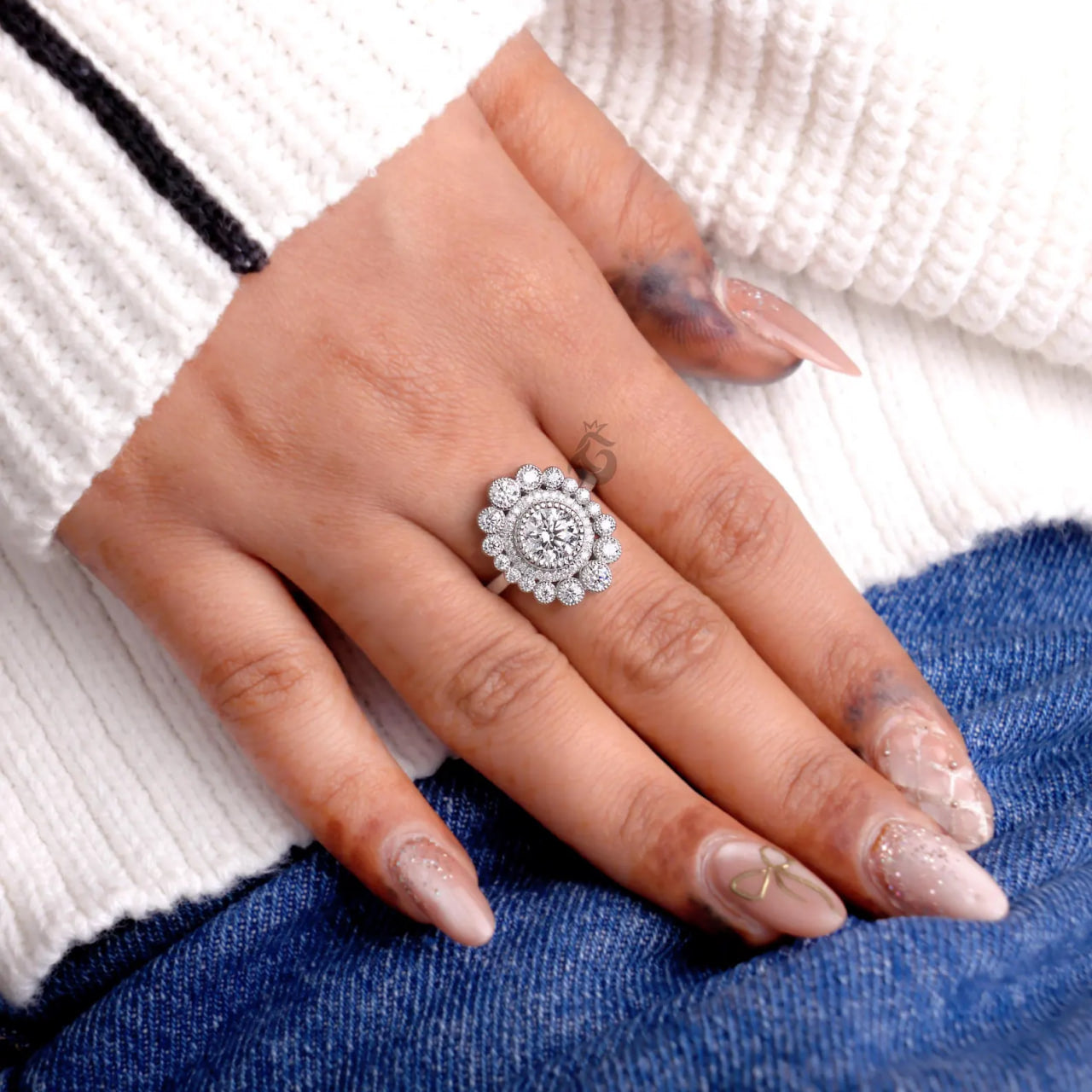 Vintage Double Halo Lab Diamond Ring, 1.80 TCW Milgrain Engagement Ring