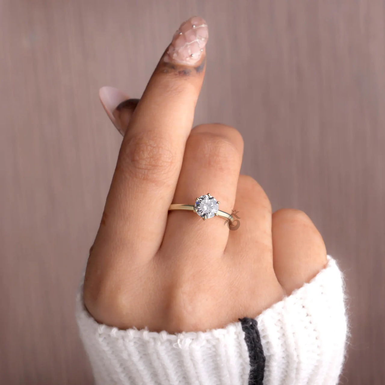 Round Lab Diamond Solitaire Ring, Six Prong Engagement Ring for Women