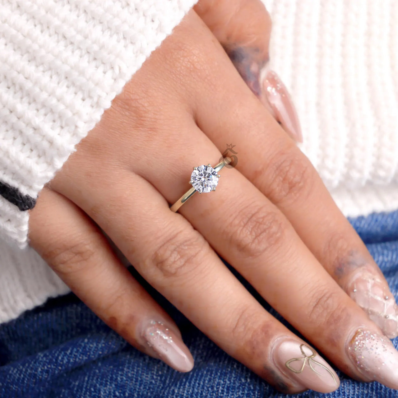 Round Lab Diamond Solitaire Ring, Six Prong Engagement Ring for Women