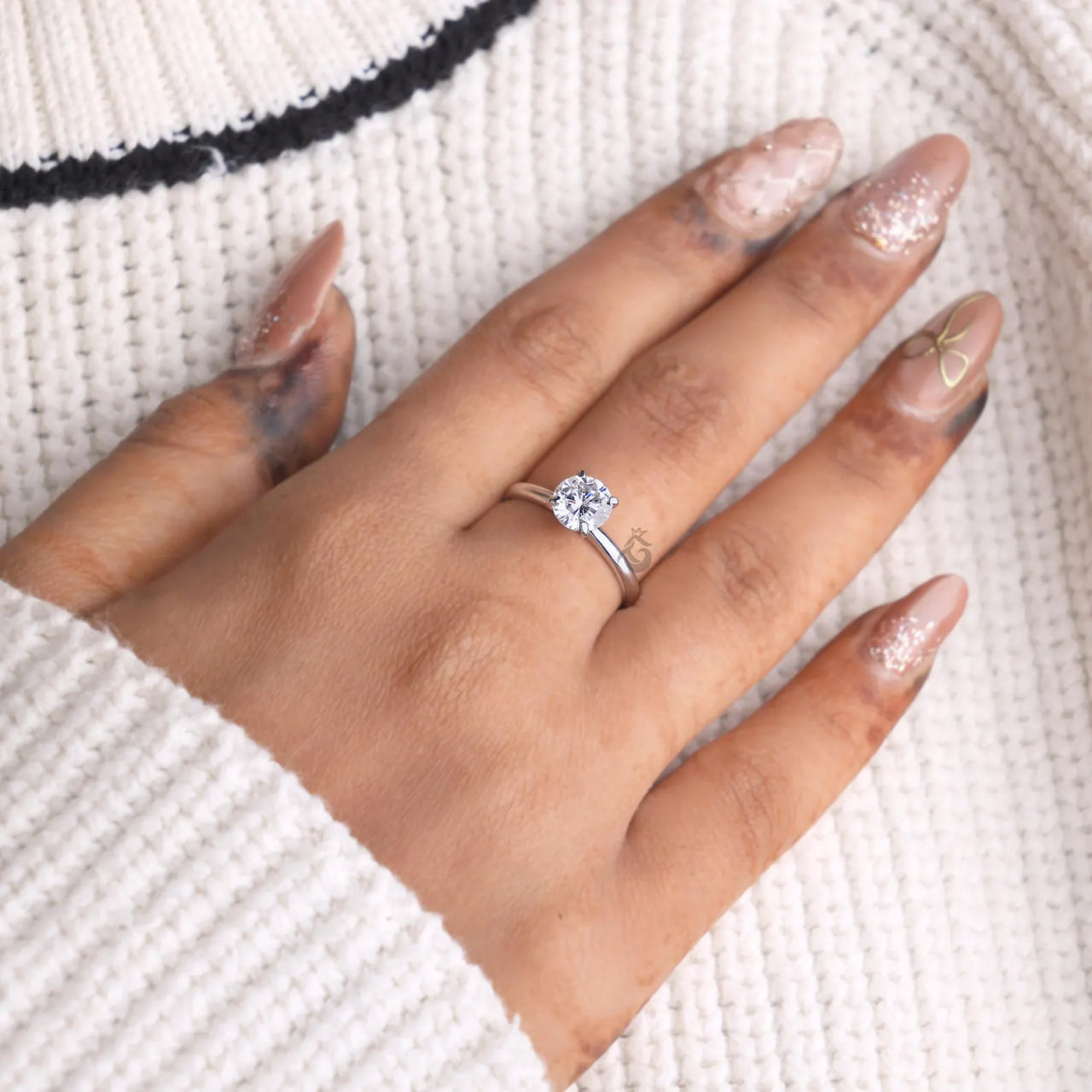 Round Lab Diamond Solitaire Ring, 14K White Gold Engagement Ring for Her