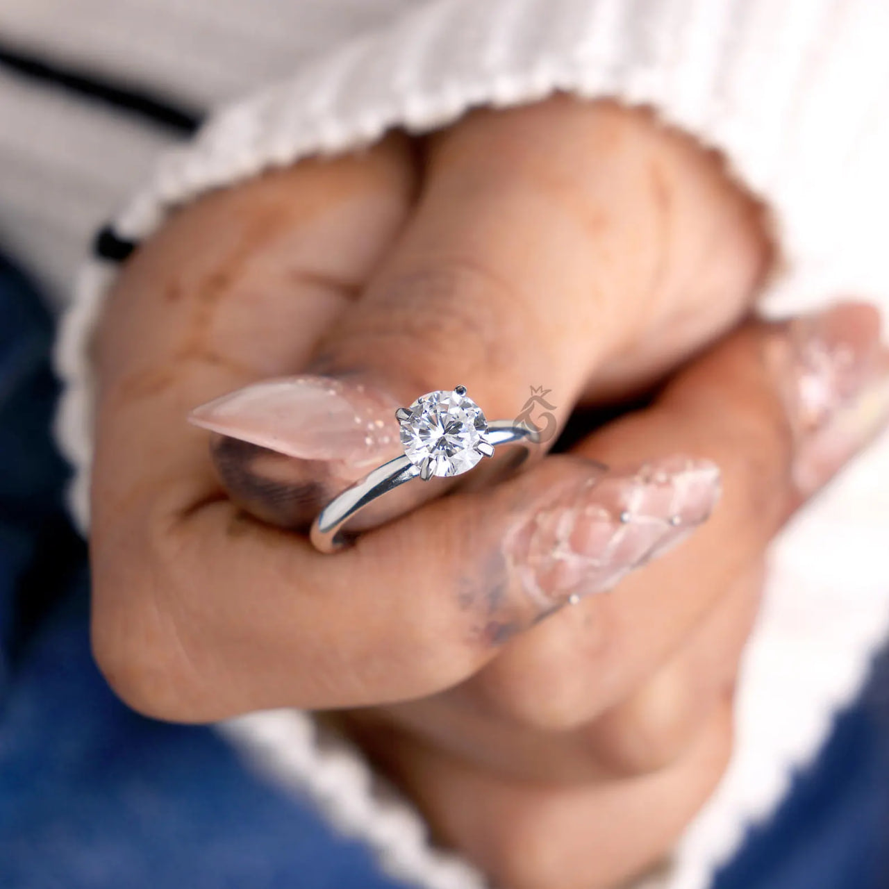 Round Lab Diamond Solitaire Ring, 14K White Gold Engagement Ring for Her