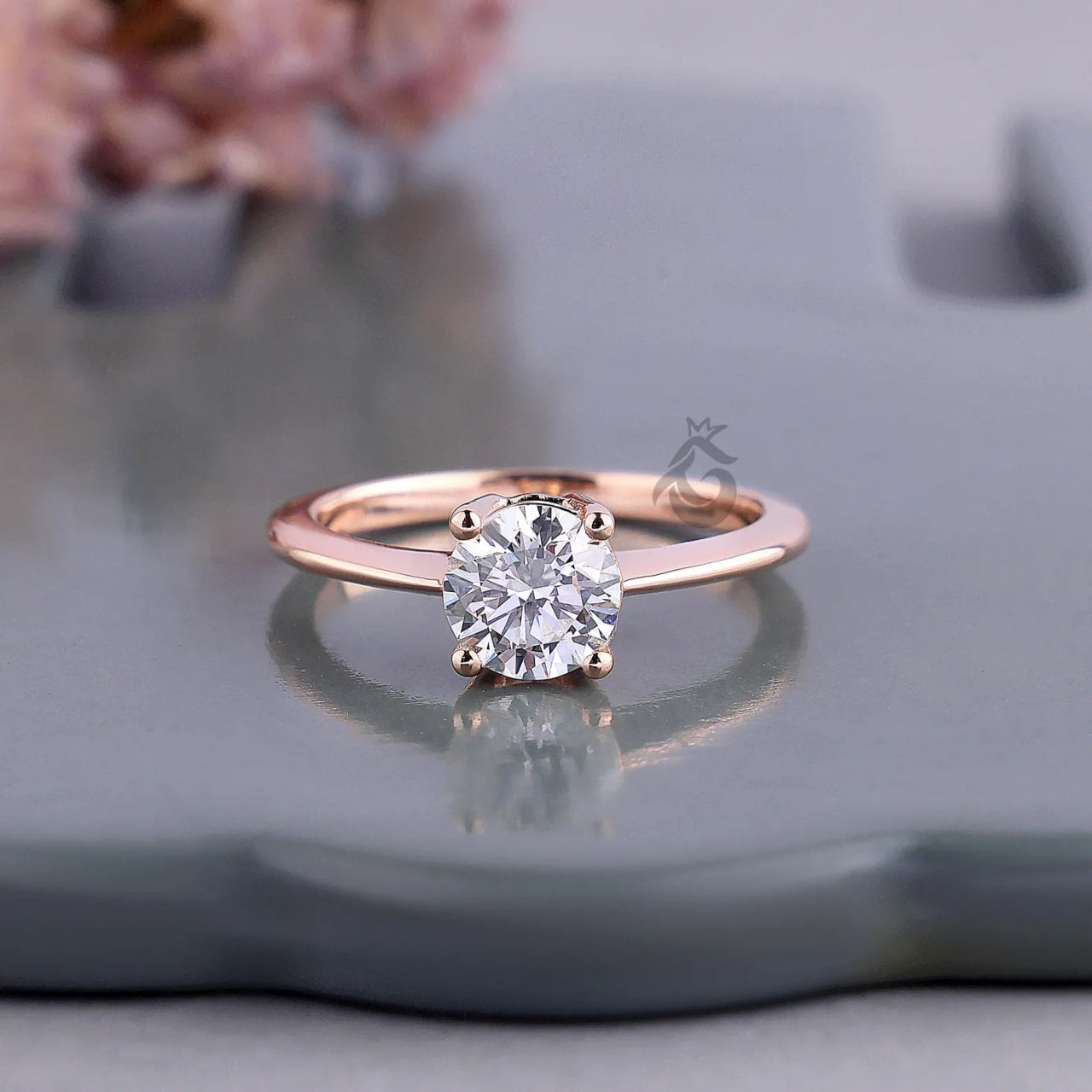 Round Lab Diamond Solitaire Engagement Ring, Knife Edge Wedding Band
