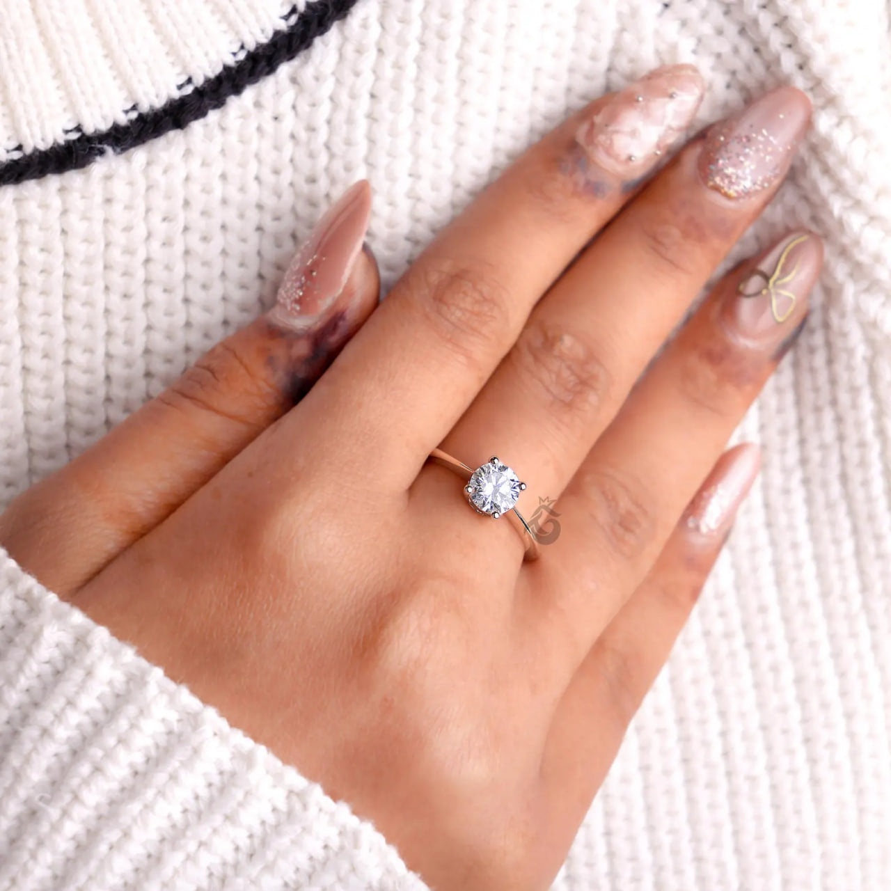 Round Lab Diamond Solitaire Engagement Ring, Knife Edge Wedding Band