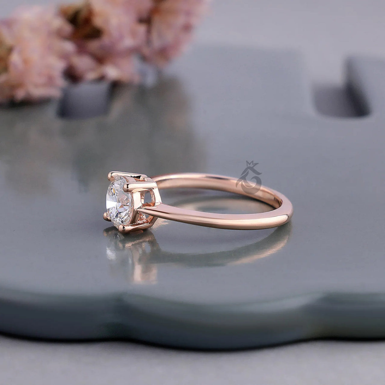Round Lab Diamond Solitaire Engagement Ring, Knife Edge Wedding Band