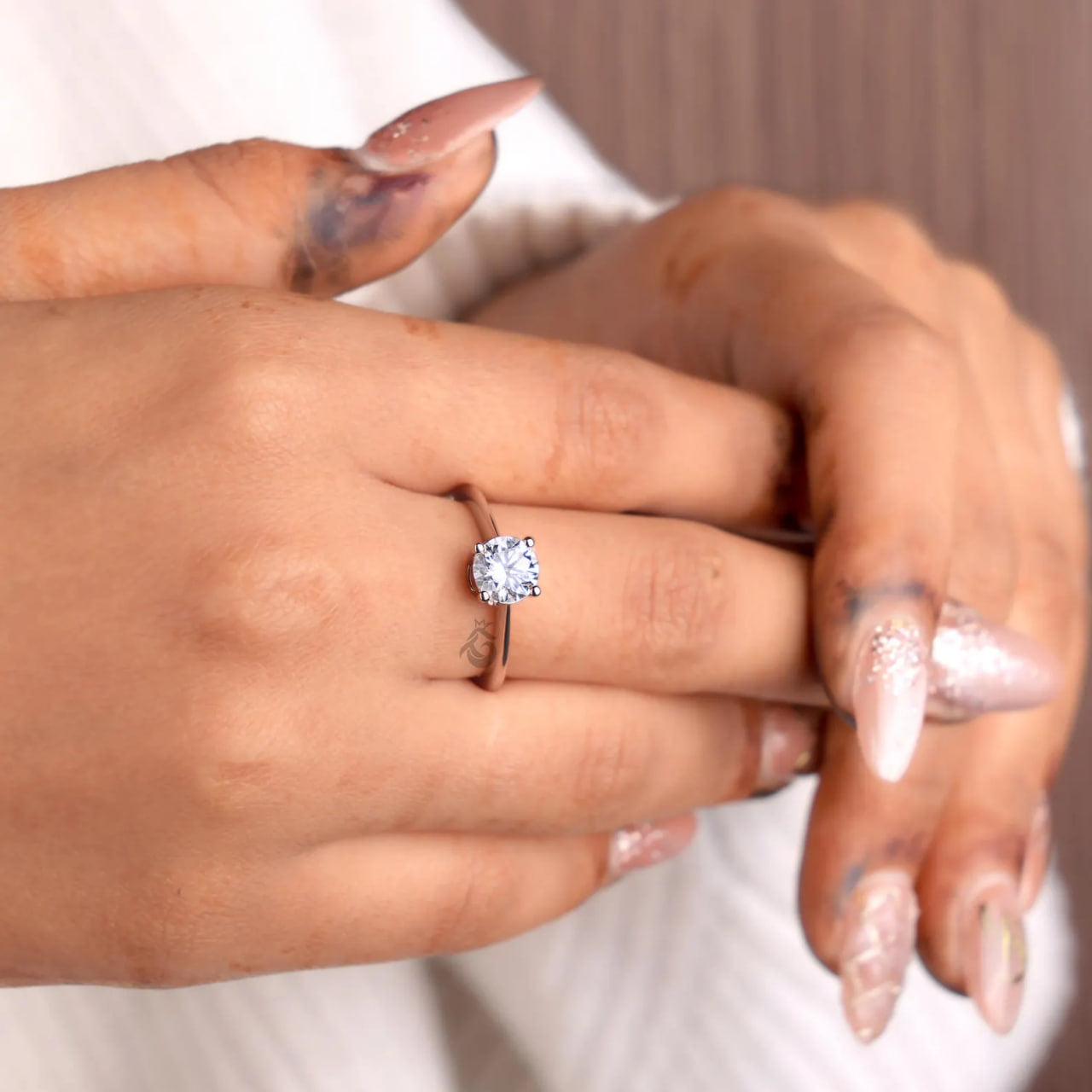 Round Lab Diamond Solitaire Engagement Ring, Knife Edge Wedding Band