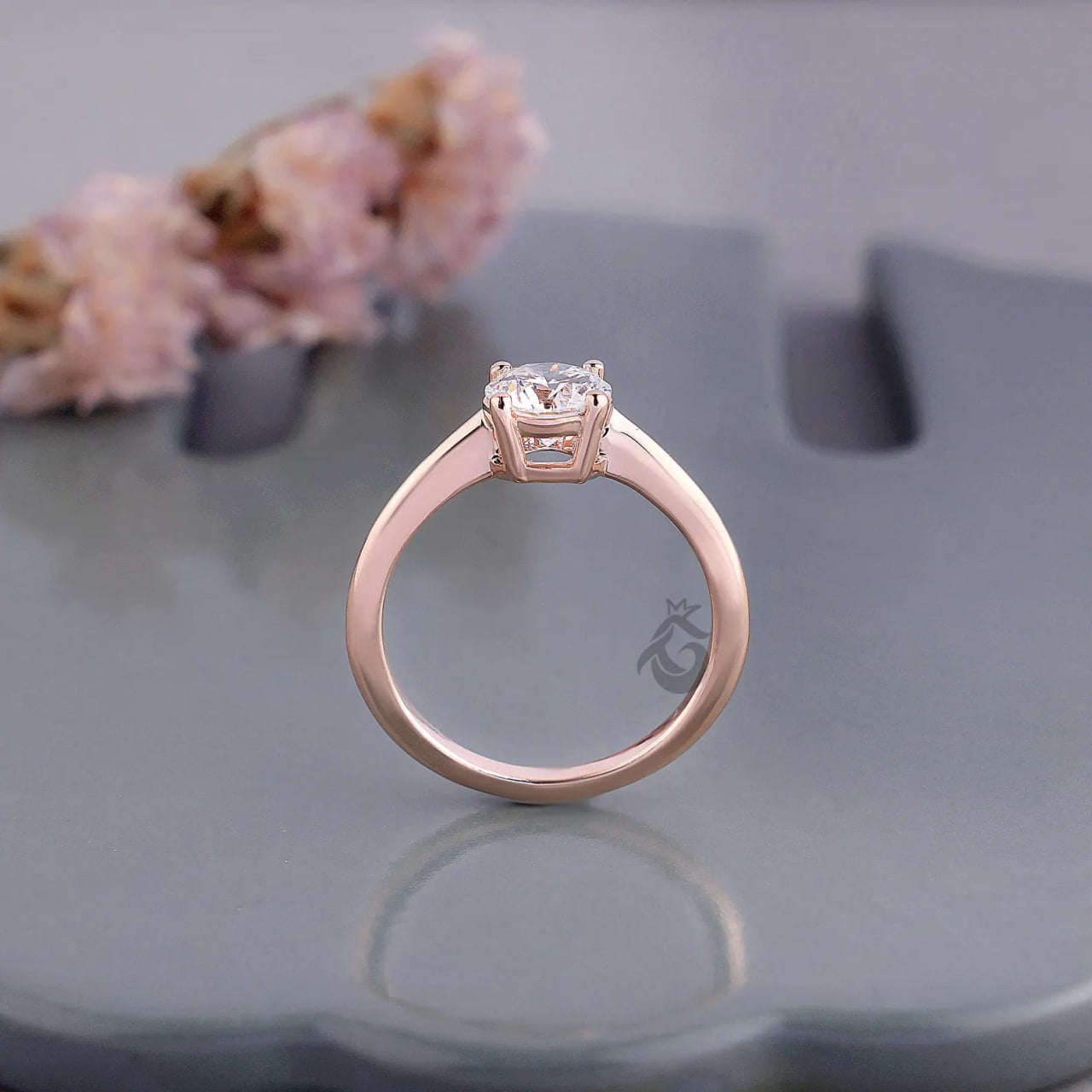 Round Lab Diamond Solitaire Engagement Ring, Knife Edge Wedding Band