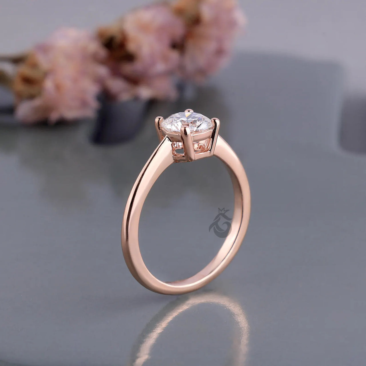 Round Lab Diamond Solitaire Engagement Ring, Knife Edge Wedding Band
