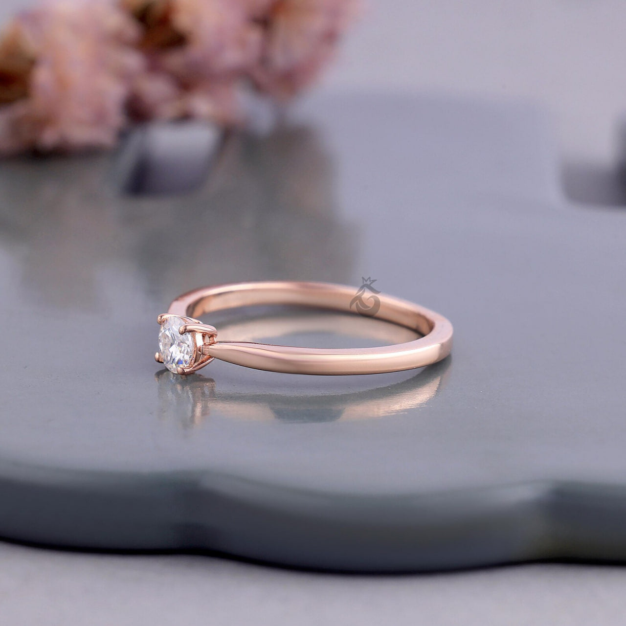 Dainty Round Lab Diamond Solitaire Ring, 4 Prong Minimalist Rose Gold Ring